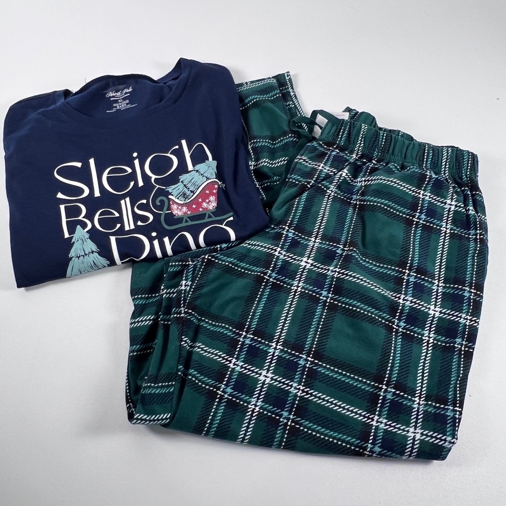 North Pole Pajama Set Womens XL Blue Green Plaid Sleigh Bells Ring Holiday